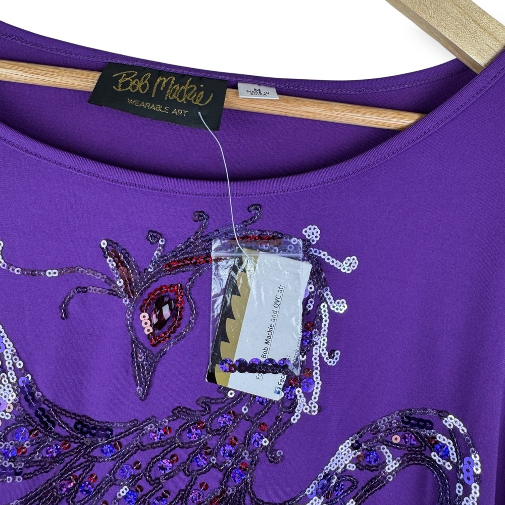 Bob Mackie Sequin Peacock Bird Top Womens Size Medium Purple Wearable Art NEW - Picture 4 of 8